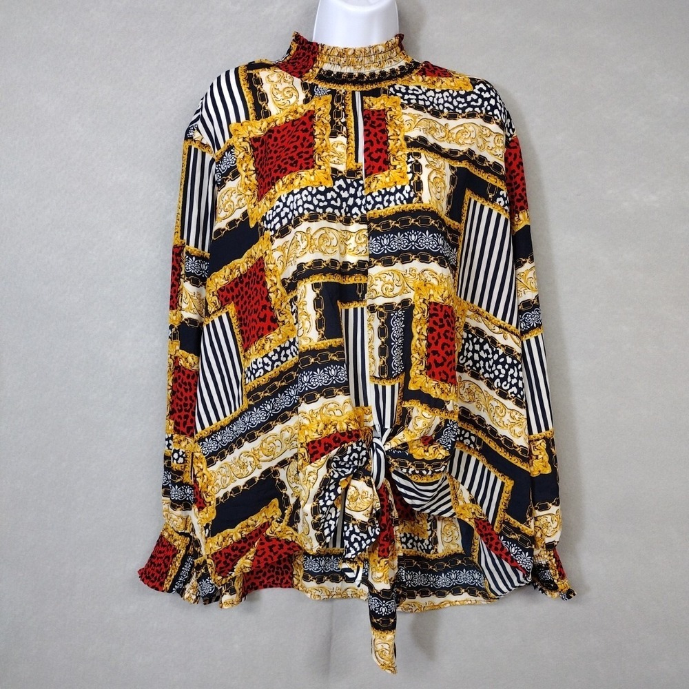 New Look Women 3X Blouse Multicolor Tie Front Balloon Sleeve Eclectic Artsy
